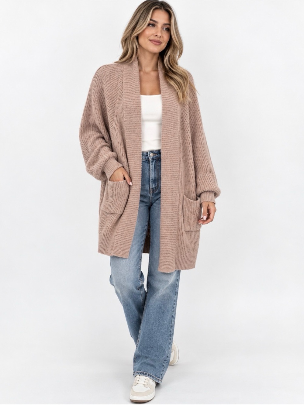 Okakie Long Knit Cardigan Duster Open Front Oversized Mauve Pink